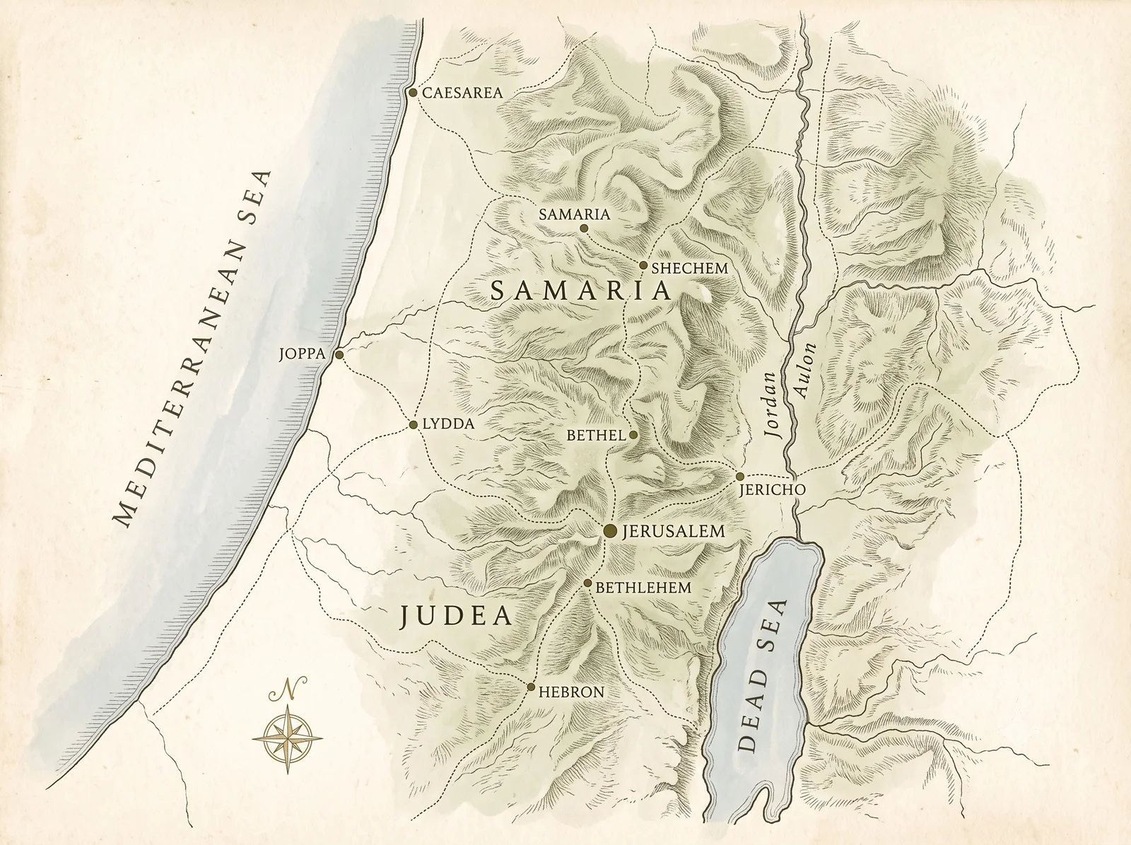 Hand-drawn map of Judea and Samaria